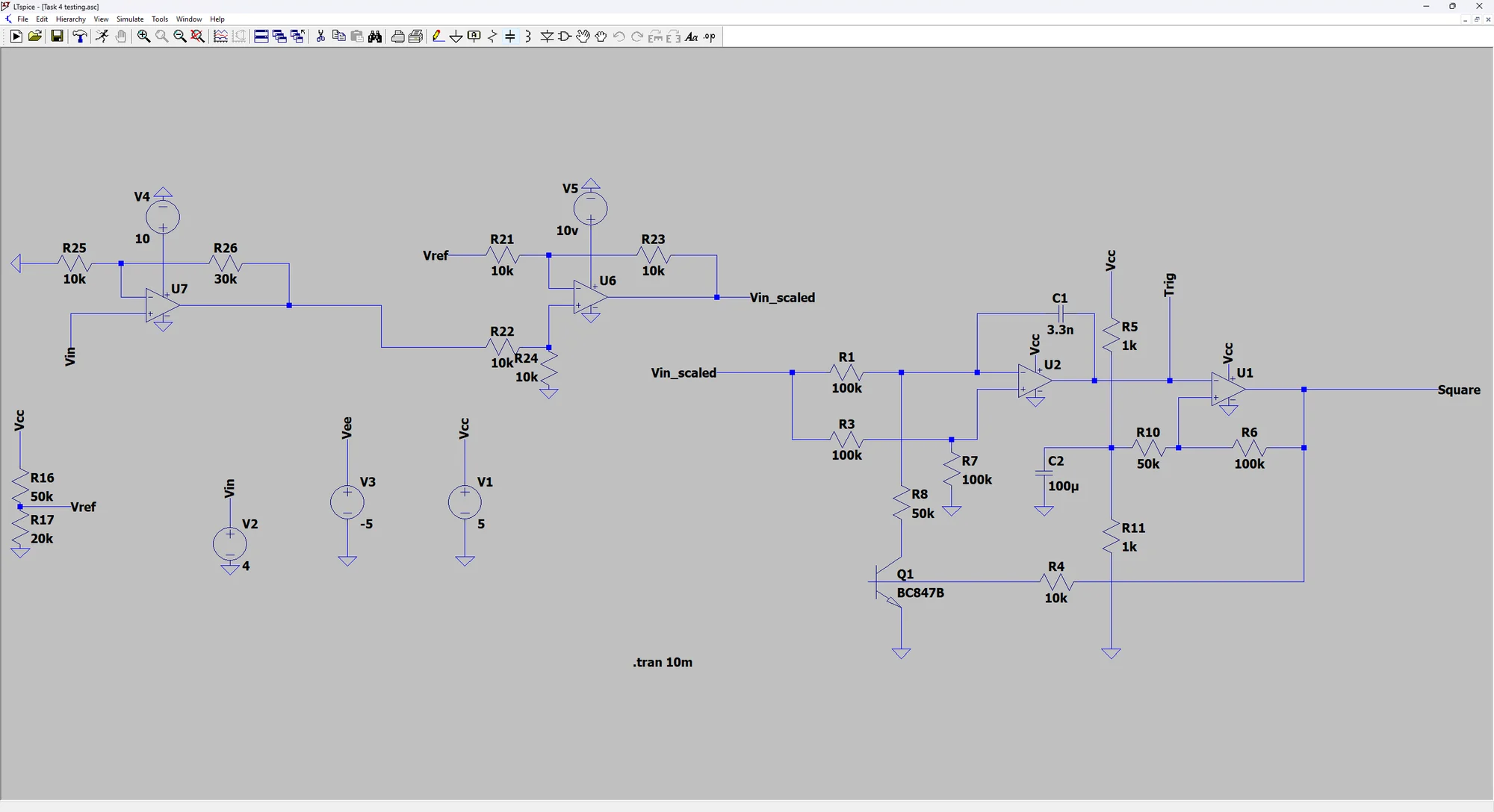 LTspice VCO schematic with scaled input, integration stage and square-wave output.